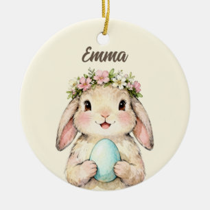 Ornamento De Cerâmica Coelho de Páscoa Vintage Personalizado com Ovo