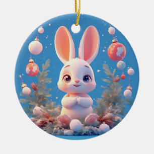 Ornamento De Cerâmica Coelho Fofo Rodeado por Decorações