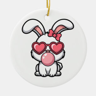 Ornamento De Cerâmica Coelho Kawaii Divertido com Bolha de Chiclete