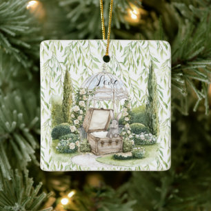 Ornamento De Cerâmica Coelho no Peito Folhas Verdes Floral Natal