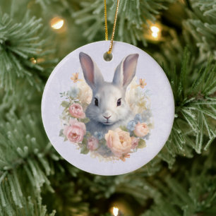 Ornamento De Cerâmica Coelho Rodeado por Flores Pastel Cute