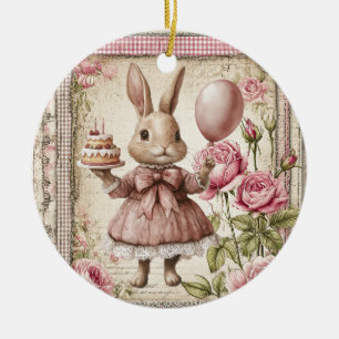 Ornamento De Cerâmica Coelho rosa de aniversário feliz