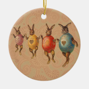 Ornamento De Cerâmica Coelhos de Páscoa Vintage Dançando com Fantasias d