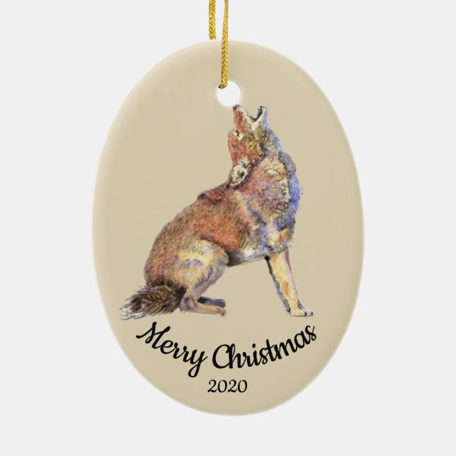 Ornamento De Cerâmica Coiote de Howling com Aquarela de Natal Personaliz (Verso)