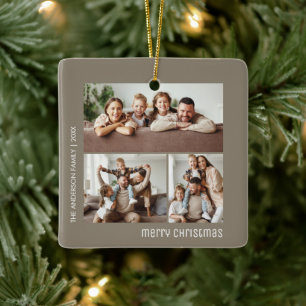Ornamento De Cerâmica Colagem de 3 Fotos de Família de Natal Bege