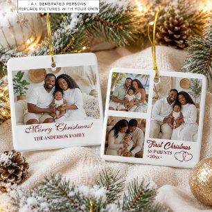 Ornamento De Cerâmica Colagem de 4 Fotos Primeiro Natal como Pais