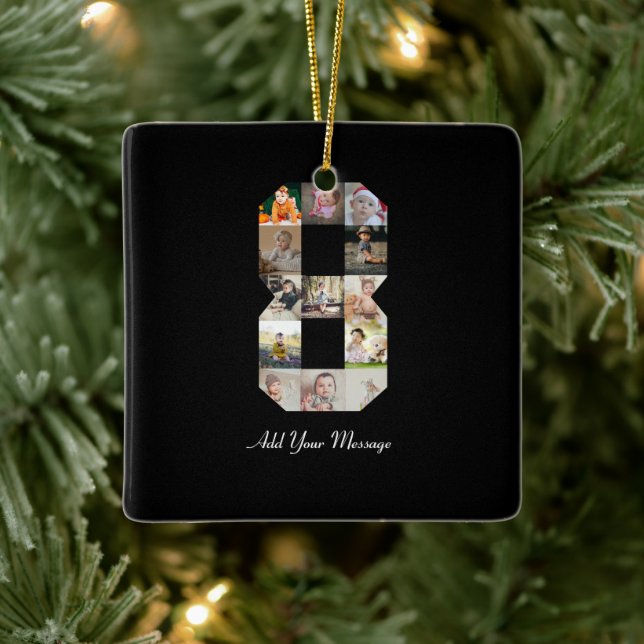 Ornamento De Cerâmica Colagem de Fotografias do Número 8 Preto e Branco (Árvore)