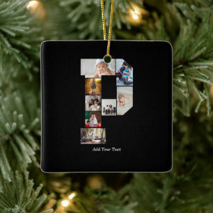 Ornamento De Cerâmica Colagem de Fotos com Letra P em Preto e Branco
