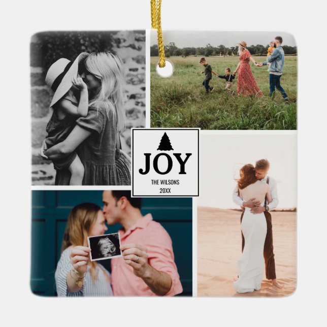 Ornamento De Cerâmica Colagem de Fotos da Família Joy Christmas (Frente)