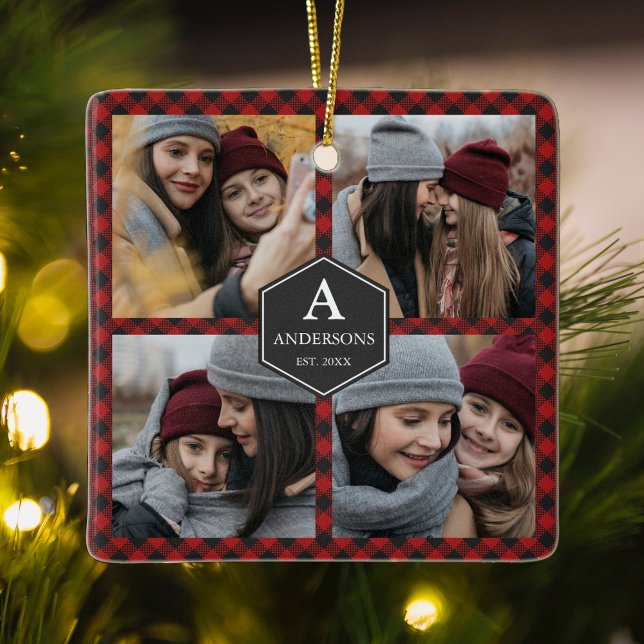 Ornamento De Cerâmica Colagem de Fotos da Família Lumberjack, Xadrez de  (Criador carregado)