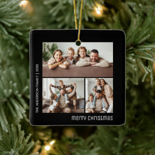 Ornamento De Cerâmica Colagem de Fotos da Família no Natal Preto e Branc