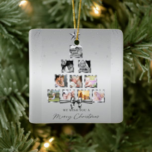Ornamento De Cerâmica Colagem de Fotos de Árvore de Natal Simples Prata