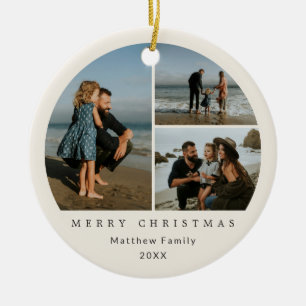 Ornamento De Cerâmica Colagem de Fotos de Família Minimalista Bege Natal