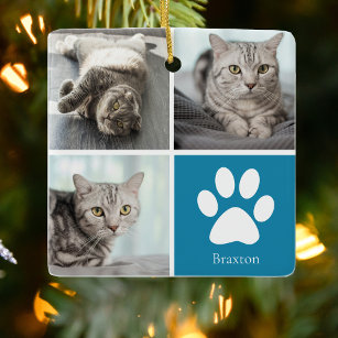 Ornamento De Cerâmica Colagem de Fotos de Gato Personalizado Azul