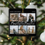 Ornamento De Cerâmica Colagem de Fotos de 'Melhor Bestie' Amigos de Keep<br><div class="desc">Avise a uma amiga o quanto ela significa para você com este enfeites de natal de colagem de fotos de presente de keepsawn. Design apresenta 6 das suas fotos favoritas e do seu melhor amigo,  texto de script que diz 'Bestie melhor',  nome/s e ano.</div>
