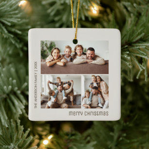 Ornamento De Cerâmica Colagem de Fotos de Natal 3 Família Bege