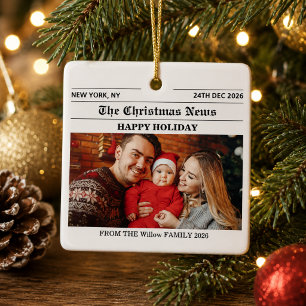 Ornamento De Cerâmica Colagem de Fotos de Natal da Família em Jornal