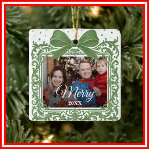 Ornamento De Cerâmica Colagem de Fotos de Presente de Natal com Laço Ele