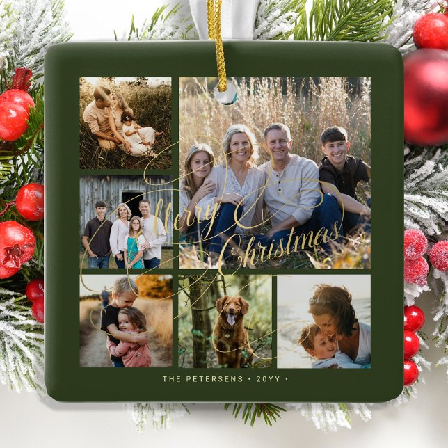 Ornamento De Cerâmica Colagem de fotos elegante com ouro verde clássico  (Criador carregado)