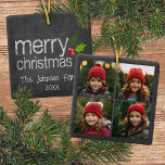 Ornamento De Cerâmica Colagem de Fotos em Quadro Chalkboard Feliz Natal<br><div class="desc">Um design simples e moderno que destaca suas fotos. Se tiver algum problema com a sua imagem ou texto,  clique no botão personalizar e poderá mover as coisas e fazer alterações.</div>