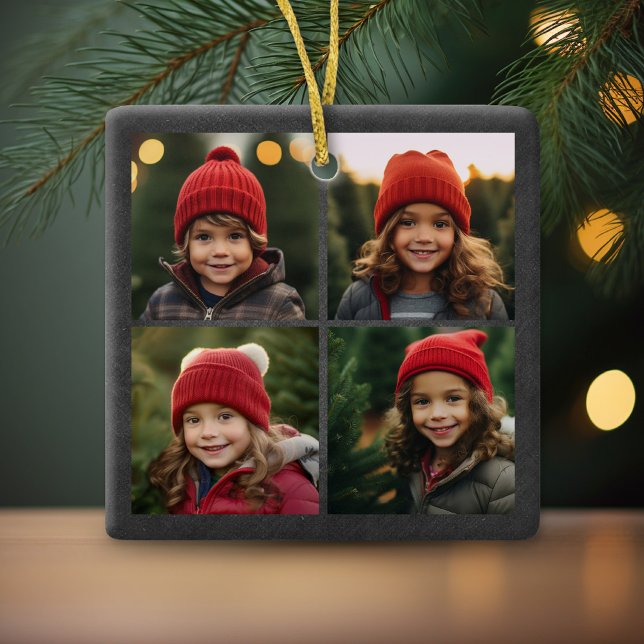 Ornamento De Cerâmica Colagem de Fotos em Quadro Chalkboard Feliz Natal  (Personalized 4 Photo Christmas Ornament)
