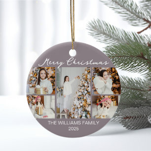 Ornamento De Cerâmica Colagem de Fotos Natal Feliz Rosa Pálido 2025