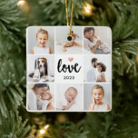 Ornamento De Cerâmica Colagem de Fotos Simples e Chic | Amor com Coração<br><div class="desc">Este Enfeites de natal branco e preto chico apresenta uma grade de fotos com oito de suas fotos pessoais, e uma moderna tipografia de roteiro que diz "amor". Há também um coraçãozinho elegante com um olhar falho de ouro rosa. Um presente simples, minimalista e absolutamente na moda para sua mãe,...</div>