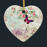 Ornamento De Cerâmica Colagem do Shabby da Borboleta Rosa<br><div class="desc">Um ornamento com uma elegante borboleta magenta rosa com sotaques roxos. O fundo é uma colagem de vintagem fraca com rosas cor-de-rosa e outros elementos decorativos. Uma vibração caprichosa.</div>