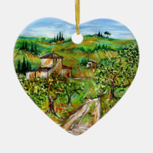 ORNAMENTO DE CERÂMICA COLINAS VERDES E OLIVEIRAS EM PAISAGEM DA TUSCÂNI