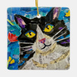 Ornamento De Cerâmica Collage Tuxedo Cat<br><div class="desc">Rosto de gato Tuxedo olha para o espectador em uma peça de arte colidida</div>