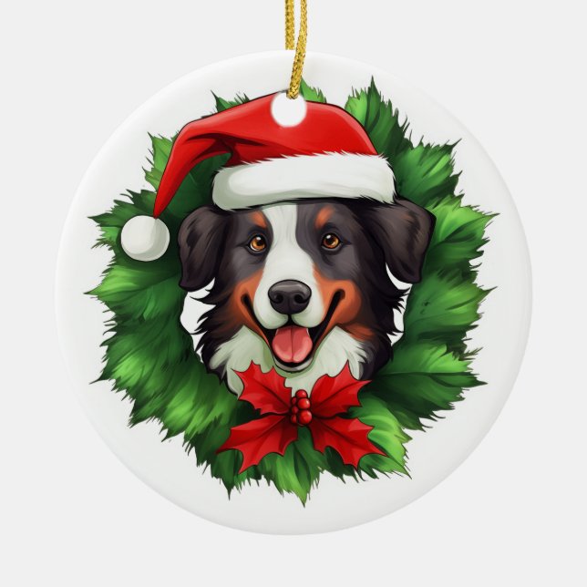 Ornamento De Cerâmica Collie Christmas Wreath (Frente)