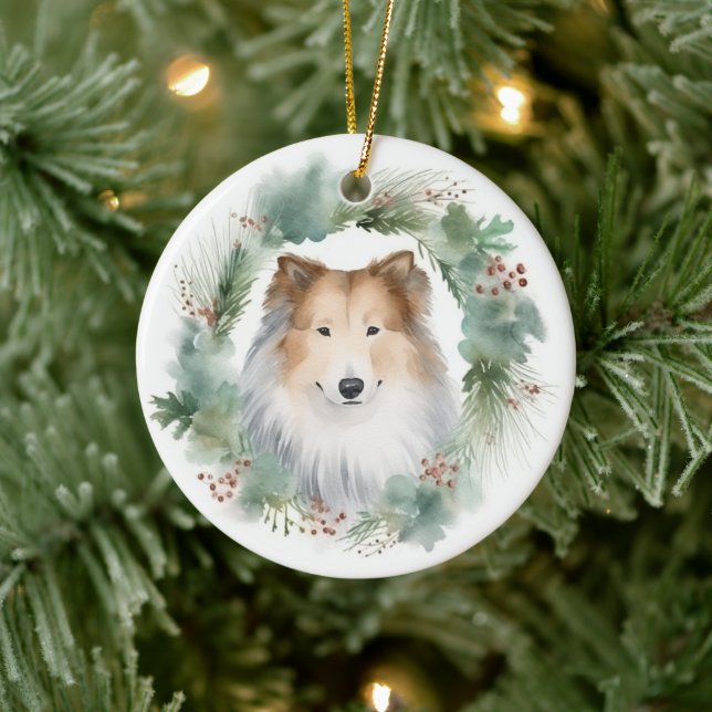 Ornamento De Cerâmica Collie Christmas Wreath Festivo Pup (Árvore)