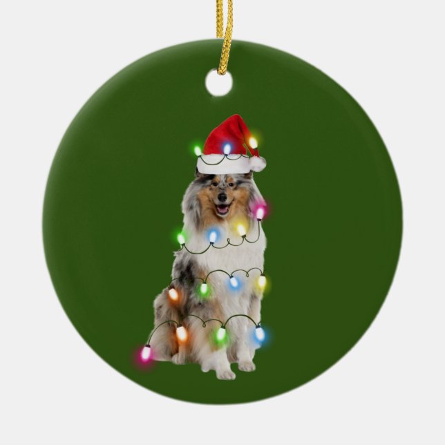 Ornamento De Cerâmica Collie com o Natal do Chapéu (Frente)