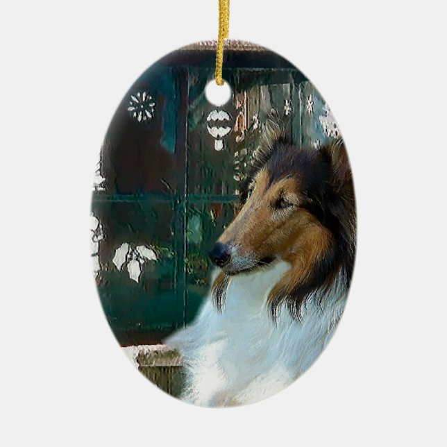 Ornamento De Cerâmica Collie de Natal na Janela (Frente)