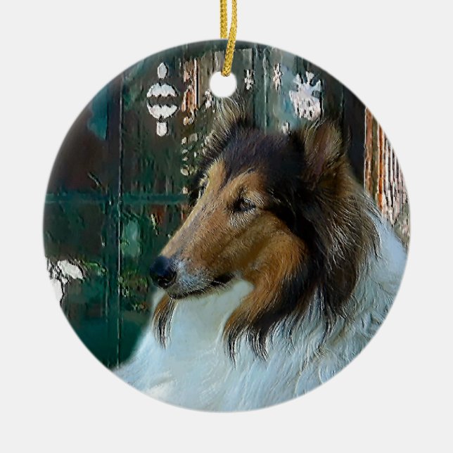 Ornamento De Cerâmica Collie de Natal na Janela (Frente)
