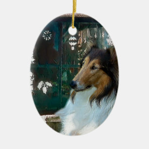 Ornamento De Cerâmica Collie de Natal na Janela