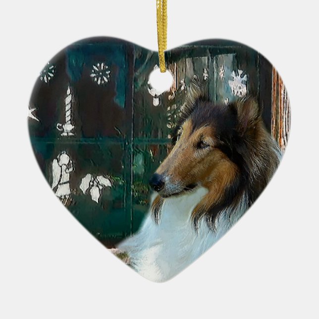 Ornamento De Cerâmica Collie de Natal na Janela (Frente)