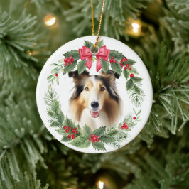 Ornamento De Cerâmica Collie Dog Red Arco Holly Wreath