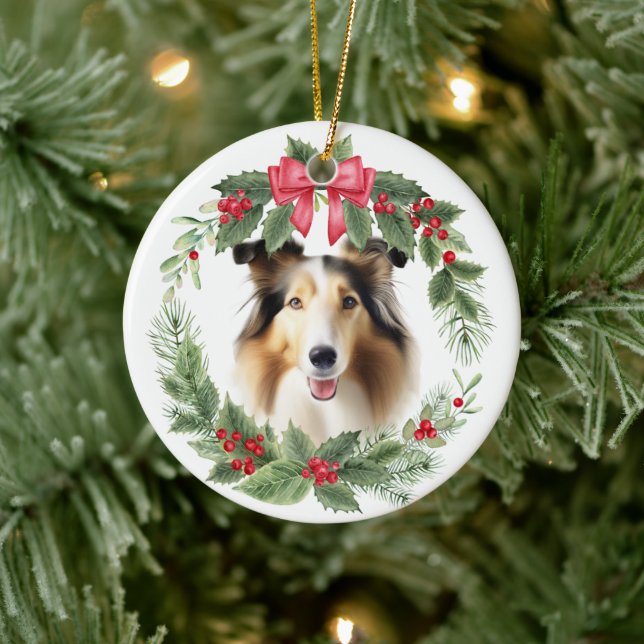 Ornamento De Cerâmica Collie Dog Red Arco Holly Wreath (Árvore)