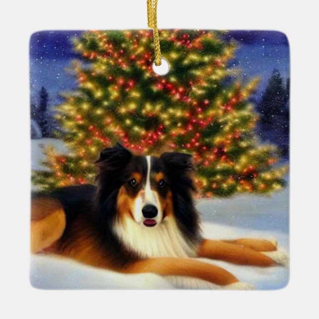 Ornamento De Cerâmica Collie na Árvore de Natal (Frente)