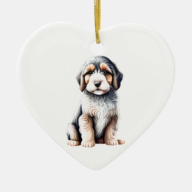 Ornamento De Cerâmica Collie Puppy com barba personalizada (Frente)