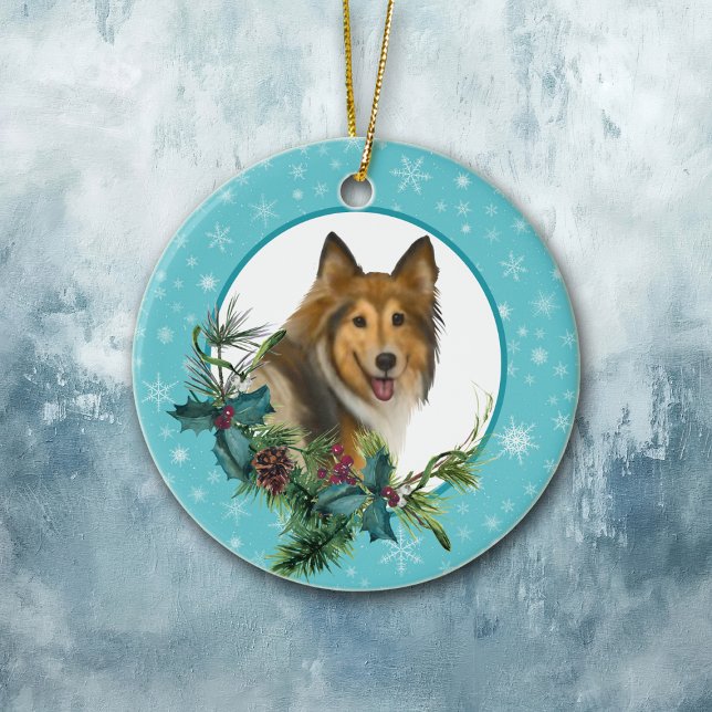 Ornamento De Cerâmica Collie Snowflake Buquê de Feriado Azul de Quadro (Criador carregado)