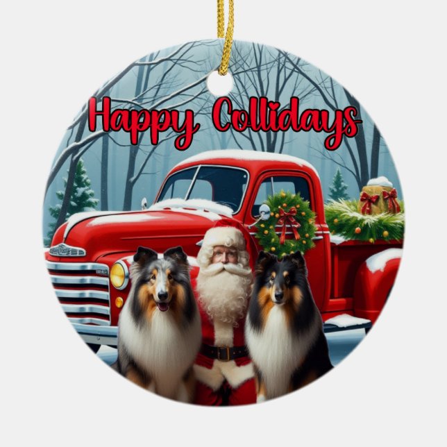 Ornamento De Cerâmica Collies, Papais noeis, Red Truck Ornament (Frente)