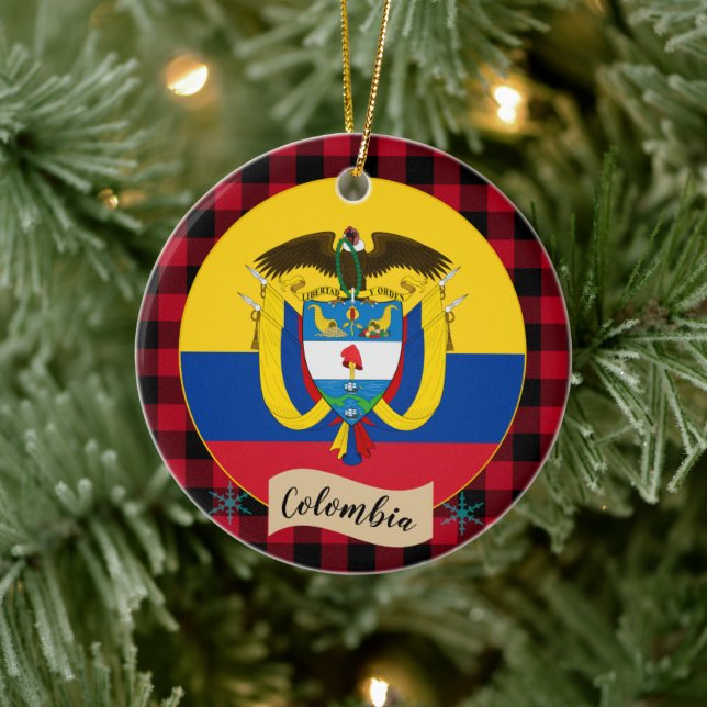 Ornamento De Cerâmica Colombia, Red buffalo plaid & Colombian Flag (Árvore)