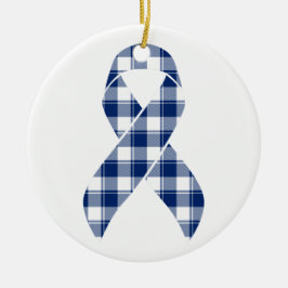 Ornamento De Cerâmica Colorectal Cancer Awareness Plaid Dark Blue Ribbon