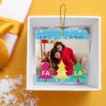 Ornamento De Cerâmica Colorful Bright Neon Fa La Christmas Photo<br><div class="desc">Adicione uma pop de neon à sua árvore de Natal com nosso ornamento festivo, divertido e neoncolorido de fotos. Nosso design de ornamento apresenta um design festivo divertido "Fa La" e um design de árvore de Natal neon ousado com neve branca em queda. As cores amarelas brilhantes, verdes, magenta e...</div>