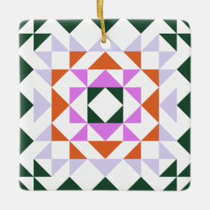 Ornamento De Cerâmica Colorida Moderna Quilt Block Geométrico Roxo Verd