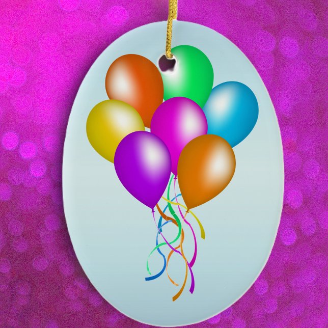 Ornamento De Cerâmica Colorido Bright Bunch de Balões (Bunch of festive colourful balloons with streamers on light blue hanging ornament.)