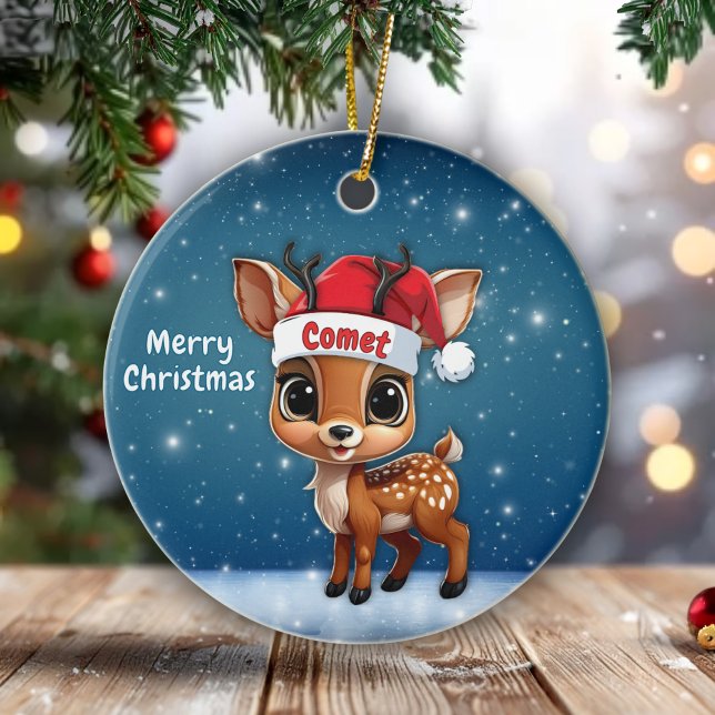 Ornamento De Cerâmica Comet Whimsical Reindeer Baby Woodland Animal 🦌🎄 (Comet Whimsical Reindeer Baby Woodland Animal Cute Fawn Personalizable Blue Ceramic Ornament  🦌🎄)