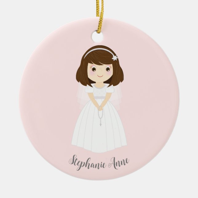 Ornamento De Cerâmica Communion Dove Brunette Girl (Frente)